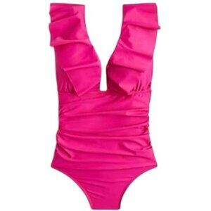 NEW J. Crew Ruched Ruffled One-Piece Swimsuit in Radiant Fuchsia/Bright Pink, 10